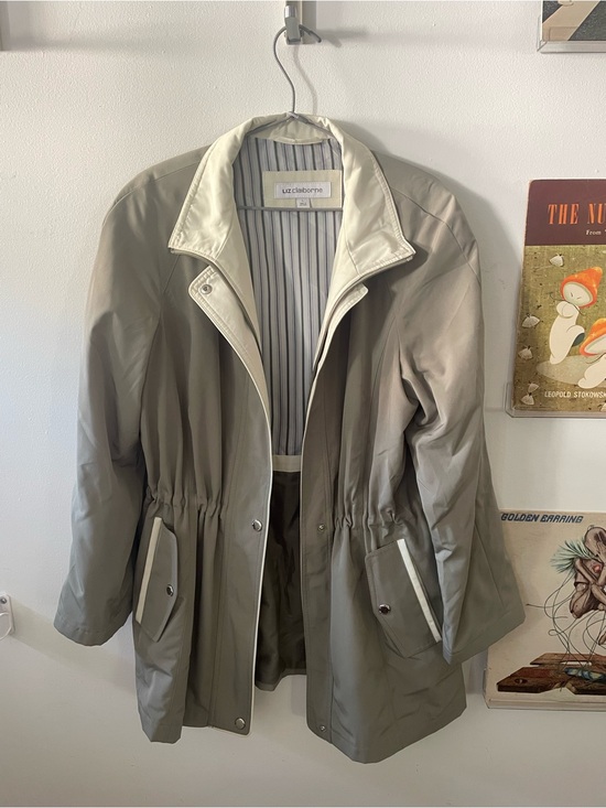 Liz Claiborne Jackets & Blazers - Liz Claiborne Light Gray Trench Coat with Off-White Trim